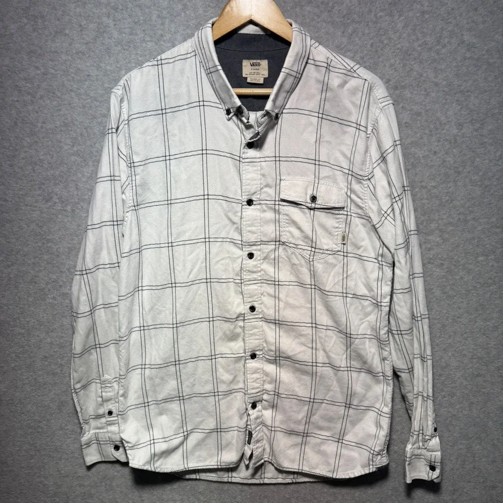 Vans Mens XL Tailored Fit Windowpane Plaid Flannel Shirt White Black VN0A3166WHT - Picture 1 of 8